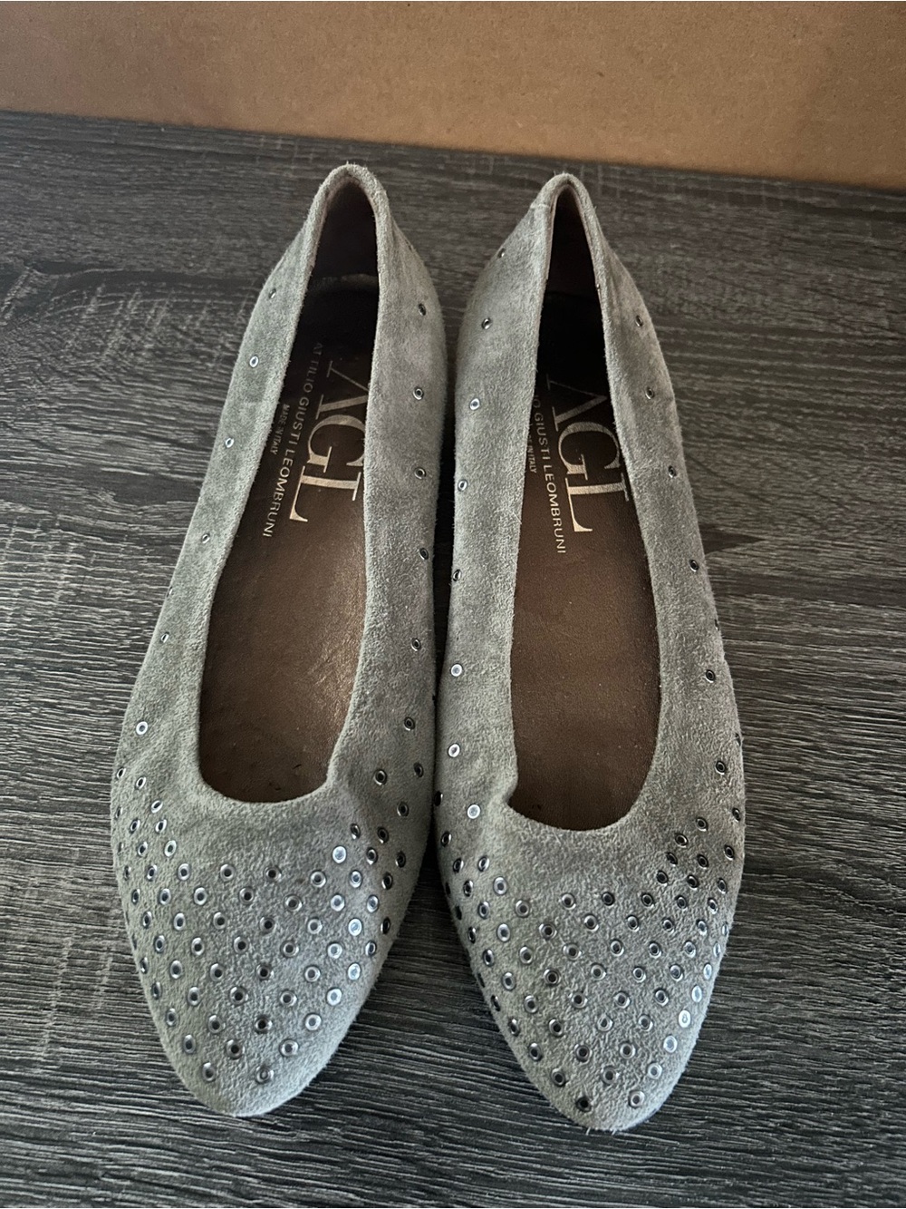 AGL Grey Suede Studded Pointed Flats